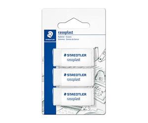 Staedtler Rasoplast 526 B - Blister 3 Gommes Blanches Sans Latex 526 B30 | Peu de résidus, gommage net - sans phtalates & latex, pour l’école - Art.-Nr. 526B3 BK3D