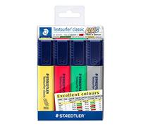 Staedtler Textsurfer Classic, Surligneurs de haute qualité aux couleurs d'Excel, Pointe biseau de 1 à 4 mm, Étui plastique avec 4 surligneurs assortis, 364 CWP4-X