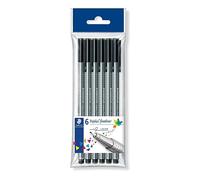 Staedtler Triplus Fineliner, Feutres d'écriture noirs à pointe extra-fine de 0.3 mm pour écriture et contours, Étui plastique avec 6 feutres noirs identiques, 334-9 PB6