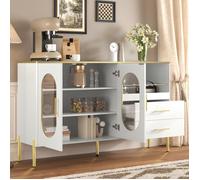 Stärkes Material Armoire élégante avec 2 tiroirs et 2 portes en verre - Commode moderne en blanc avec accents dorés - Beaucoup de