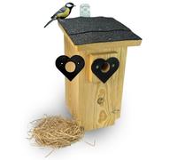 STAFECO Nichoir mésanges pour mésanges bleues et mésanges charbonnières en bois avec peuplier souple, anneaux de protection en forme de cœur (32 mm et 28 mm), maison sûre pour oiseaux de jardin