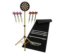 Stagecaptain DBS-1715 Bullseye Pro Cible de Fléchettes Complète - Steeldarts en Sisal, Tapis Caoutchouc, Support réglable, 6 fléchettes, 4 Sets de Flights - Or.