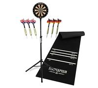 Stagecaptain DBS-1715 Bullseye Pro Cible de Fléchettes en Sisal, Tapis Caoutchouc, Support réglable, 6 fléchettes, 4 Jeux de Flights, Noir, steeldarts Professionnel Complet.