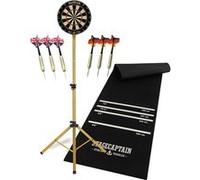 Stagecaptain DBS-1715 Bullseye Pro Cible de Fléchettes Complète - Steeldarts en Sisal, Tapis Caoutchouc, Support réglable, 6 fléchettes, 4 Sets de Flights - Or.
