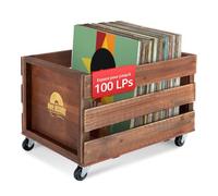 Caisse Range en Bois Retro 100 Disques Vinyles Rangement avec 4 Roulettes Brune
