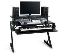 Stagecaptain ST-120 Table Studio avec Rack 19", tiroir Clavier, Gestion câbles, Support Casque, Grande Surface - pour Home Studio, DJ & Enregistrement - Noir/Bois.