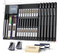 STAGEEK Lot de 35 porte-mines noirs dans un étui, 0,5, 0,7, 0,9, 2,0, crayons à dessin en métal, taille-crayon, 384 recharges de mine (6B, 4B, 2B, HB, 2H, 4H, couleurs) pour écrire et esquisser