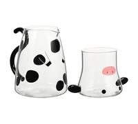 STAHAD Pichet en Verre 550 Ml pour Eau Froide et Lait, Bouilloire à Jus Compatible Micro-ondes, Design Dessin Animé Forme Vache Blanc, Ensemble Carafe et Tasse Cuisine et Bureau