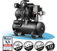 STAHLWERK Compresseur d'air ST 110 Pro, Compresseur silencieux avec 10 bar, 10 l, 69 dB et moteur Brushless inusable d'une puissance de 2,17 CV / 1.600 Watt, 7 ans de garantie constructeur