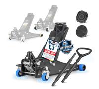 STAHLWERK Cric WHB-73 St - capacité de Levage de 3 t, Course de 73 à 500mm | Cric hydraulique, double piston, cric de manœuvre extra-plat, couleur noire, roulettes silencieuses bleues et 2 patins