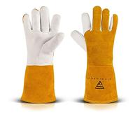 STAHLWERK Gants de soudeur Gants de protection Gants de travail cuir véritable robuste résistant à la chaleur et au feu, blanc jaune, convient pour TIG TIG MIG MAG MMA Plasma