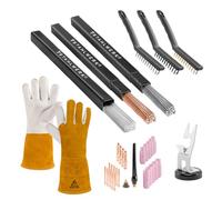 STAHLWERK Kit d'accessoires WIG - Support de brûleur avec base magnétique, brosses métalliques 220 mm, gants de soudage, WP-26 WIG pièces d'usure Set de 26 pièces, 3 tiges de soudage TIG 1,6 mm