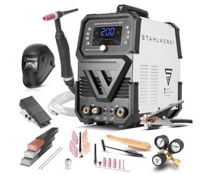 STAHLWERK Poste à souder AC/DC TIG 200 Puls Pro Digital - Kit complet - Inverter combiné 200 A, fonction MMA (ARC), fonction Pulse/Spot, mémoire de jobs, Hotstart, Anti-Stick, alu & tôles fines