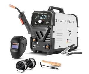 STAHLWERK Poste à souder Mini FLUX 120 ST Digital avec équipement complet 120 A, dévidoir synergique, fonction Lift-TIG et ARC/MMA pour le soudage sans gaz de protection avec fil fourré