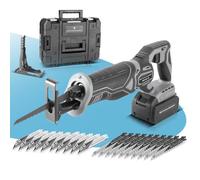 STAHLWERK Scie sabre sans fil Brushless - Scie universelle 20 V, longueur de course 28 mm, batterie lithium-ion 4 Ah, 20 lames de rechange (10 x bois, 10 x métal), prise de serrage rapide, vitesse de