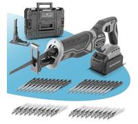 STAHLWERK Scie sabre sans fil Brushless - Scie universelle 20 V, longueur de course 28 mm, batterie lithium-ion 4 Ah, 40 lames de rechange (20 x bois, 20 x métal), prise de serrage rapide, vitesse de