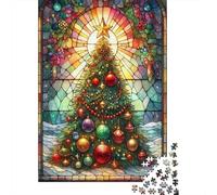 Stained Glass Christmas Tree Puzzle pour Adultes Puzzle 1000 Pièces Papier Scène Festive Colorée Puzzle en Famille Détente Cadeau Décoration 52x38cm/1000pcs
