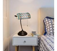 Stained Glass Table Lamp Banker Lamp, Purple Blue Lamp, Office Study Reading Piano Accent Desk Library Light, Bedroom Bedside Lamp,Zinc Alloy Base,Pull Chain Switch,Blue d