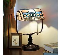 Stained Glass Table Lamp Banker Lamp, Purple Blue Lamp, Office Study Reading Piano Accent Desk Library Light, Bedroom Bedside Lamp,Zinc Alloy Base,Pull Chain Switch,Blue b