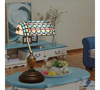 Stained Glass Table Lamp Banker Lamp, Purple Blue Lamp, Office Study Reading Piano Accent Desk Library Light, Bedroom Bedside Lamp,Zinc Alloy Base,Pull Chain Switch,Blue e