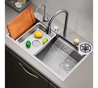 Stainless Steel Drop-in Kitchen Sink with Nano Waterfall Single Bowl Workstation Pull-Down Faucet Chopping Board & Cup Washer - Modern Silver Design