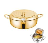 Stainless Steel Frying Pot with Thermometer and Oil Drip Drainer Rack,Japanese Deep Fryer Pot,304 Stainless Steel Janpanese Style Tempura Frying Pot with Lid,for Kitchen (Gold,28cm/11in)