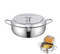 Stainless Steel Frying Pot with Thermometer and Oil Drip Drainer Rack,Japanese Deep Fryer Pot,304 Stainless Steel Janpanese Style Tempura Frying Pot with Lid,for Kitchen (Silver,28cm/11in)