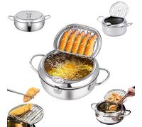 Stainless Steel Frying Pot with Thermometer and Oil Drip Drainer Rack, Japanese Style Tempura Frying Pots with Lid, Stainless Steel Japanese Deep Fryerpot for For Kitchen French Fries, Chicken (4.2L)