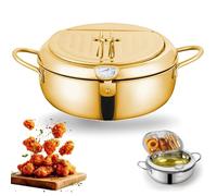 Stainless Steel Frying Pot With Thermometer And Oil Drip Drainer Rack, Stainless Steel Deep Frying With Disposable Paper Plates & Clip for Kitchen French Fries, Chicken (Gold,B(3.2L))