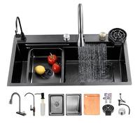 Stainless Steel Kitchen Sink 80 x 50 cm Single Bowl with Black/Grey Waterfall Tap Includes Chopping Board & Drip Basket - Ideal for Home Pressure Washers & Modern Kitchens