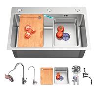 Stainless Steel Kitchen Sink - Silver Single Bowl Drop-in Workstation Sink with Sliding Accessories - Farmhouse Style 65 x 45 x 2 cm Ideal for Modern Kitchens