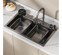 Stainless Steel Kitchen Sink with Nano Waterfall & Digital Display Single Bowl Workstation Sink Pull-Down Faucet & Cup Washer Drop-in/Undermount 75 x 45 cm Complete Accessories