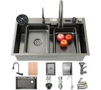 Stainless Steel Kitchen Sink with Waterfall Design Large Single Basin Extensible Faucet 2 Drip Baskets Chopping Board & Savon Distributeur for Modern Kitchens