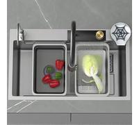 Stainless Steel Kitchen Sink Workstation - Flying Rain Waterfall Design Pull-out Tap Chopping Board Cup Washer 75 x 46 cm Grey Ideal for Vegetable Washing & Bar Use