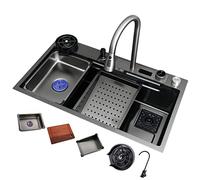 Stainless Steel Single Bowl Kitchen Sink with Pull-out Faucet Drop-in/Undermount Installation Includes Chopping Board & Cup Washer Black-Grey 680 x 460 mm