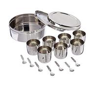 Stainless Steel Spice Box with 7 Spice Containers and 7 Spoon and Double Lid Keeps Spices Fresh,Size 8 X 8 X 3 Inch