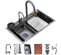 Stainless Steel Station Sink 68 x 45 x 22 cm avec revêtement Nano Pull-out Faucet & Cup Washer - Complete Accessory Set for Modern Kitchens Black Finish