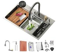 Stainless Steel Undermount Kitchen Sink with Pull-out Faucet & Pressurized Cup Washer - Single Bowl Waterfall Drop-in Sink (75x45x21CM) - Durable & Stylish Design