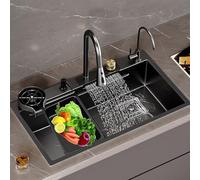 Stainless Steel Utility Sink - Single Bowl Undermount/Drop-in Waterfall Sink with Pull-out Faucet & Savon Distributeur for Garden Farmhouse Laundry Room - 68 x 45 x 23 cm