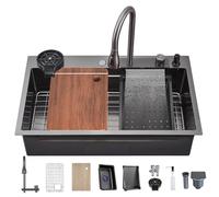 Stainless Steel Waterfall Kitchen Sink 86 x 50 x 22 cm Undermount/Drop-in Single Bowl with Pull-out Faucet Workstation Drainage Basket & Accessories Durable & Stylish