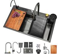 Stainless Steel Waterfall Kitchen Sink Single Basin Overmount/Undermount with Multifunction Pullout Faucet & Glass Washer Modern Kitchens