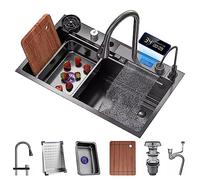 Stainless Steel Waterfall Kitchen Sink with Display Screen Single-Bowl RV Sink Cup Washer Pull-Down Faucet Complete Set - 68 x 45 x 22 cm Design moderne pour maison et camping-car