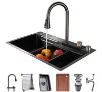 Stainless Steel Waterfall Kitchen Sink with Pull Down Sprayhead Single Bowl Bar Sink Workstation RV Sink with Accessories - A-75 x 45 x 22 cm