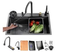 Stainless Steel Waterfall Workstation Bar Sink with Pull-out Faucet Black-Grey Finish Includes Cutting Board & Drain Set 80 x 50 cm Modern Kitchens