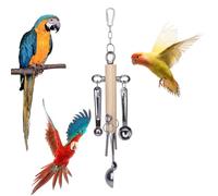 Stainless Steel & Wood Interactive Parrot Chewing Pendant Toy | 15 inch Hanging Cage Enrichment | Metal Bead Spoon Key Design for Beak Exercise | Durable Bird Boredom Relief Accessory