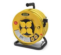 Stak REELPRO-FR-25 Enrouleur electrique professionnel, tambour fixe, water proof IP44 cable 25m en caoutchouc 3G2.5m㎡ pour chantier, bricolage, jardin. 4 Prises, chassis acier, Jaune