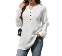 Stamain Chemisier Blanc Femme Chic et Élégant Tunique décontractée à Manches Longues et col en V uni pour Femme Haut décontracté en Coton uni,L