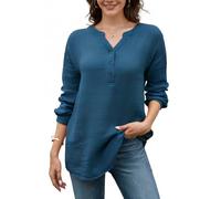 Stamain Chemisier Bleu Femme Chic et Élégant Tunique décontractée à Manches Longues et col en V uni pour Femme Haut décontracté en Coton uni,XL