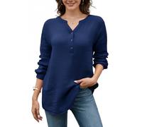 Stamain Chemisier Bleu Marine Femme Chic et Élégant Tunique décontractée à Manches Longues et col en V uni pour Femme Haut décontracté en Coton uni,XL