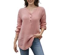 Stamain Chemisier Rose Femme Chic et Élégant Tunique décontractée à Manches Longues et col en V uni pour Femme Haut décontracté en Coton uni,XL